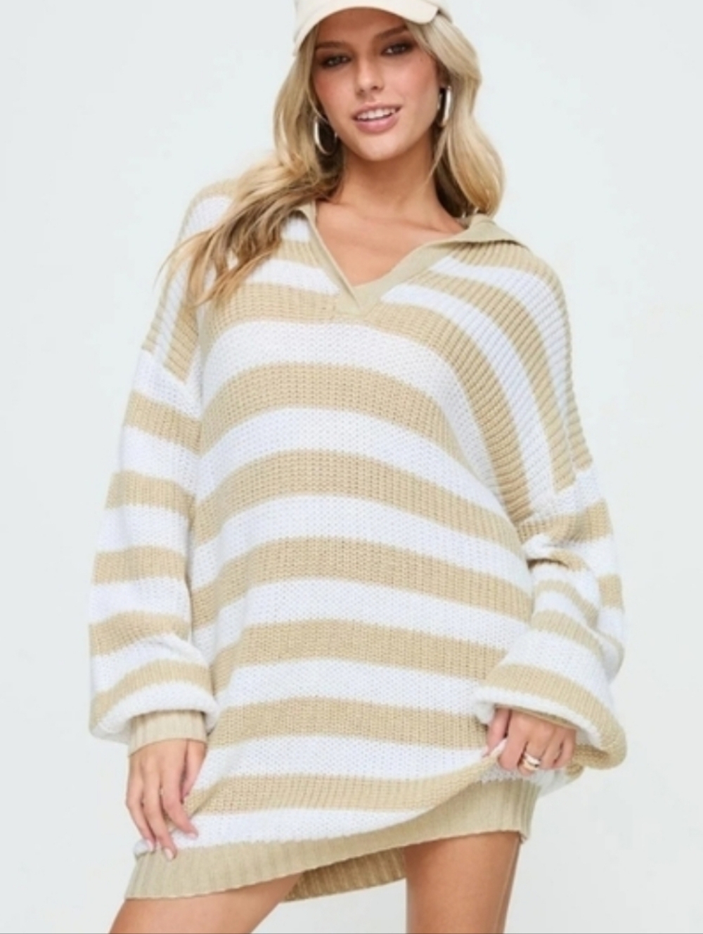 NWOT Princess Polly Williamson Striped Knit Sweater Dress - Beige/White size M/L